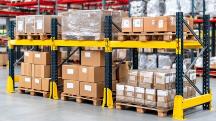 Warehouse storage with stacked cardboard boxes on pallets and metal shelving units