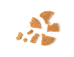 Protein cookie isolated, broken round energy snack with peanuts, chicory fibre