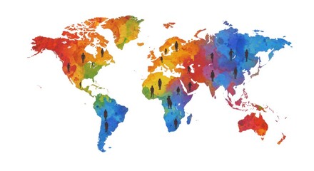 World Map People Watercolor Illustration