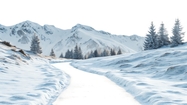 winter landscape of mountains with path  isolated on white background PNG