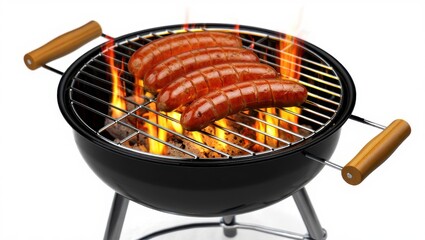 Grilled Sausages on a Charcoal Grill with Flames Isolated on White for Summer Barbecues