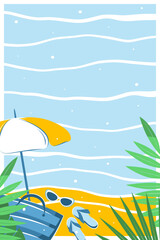 Tropical summer banner with space to add text. Beach accessories, sunglasses, beach bag, umbrella. Tourism concept, travel and adventure, vacation. Vector illustration for poster, cover, sales