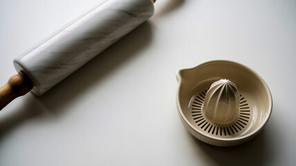 A minimalist still life photograph of a white marble rolling pin and a white ceramic citrus juicer on a pure white surface