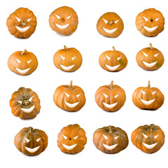 Collection of playful pumpkins with unique expressions ready for Halloween festivities in a cozy autumn setting