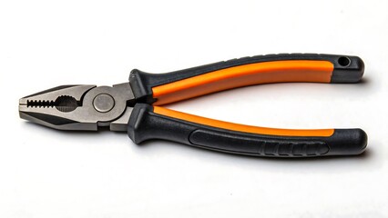 Fototapeta premium Closeup view of a pair of pliers with orange and black handles on white background ideal for DIY projects and repairs.