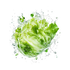 Fresh Lettuce Leaf with Water Splash against white Background for Food and Health	
