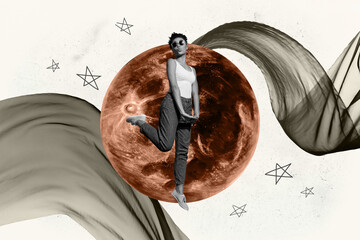 Banner 3d poster art collage of happy girl guy stand space galaxy moon planet cosmos discovery...