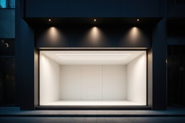 Empty Storefront at Night with Modern Lighting and Dark Facade Ready for Brand Placement and Advertising
