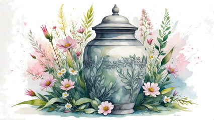 Decorative urn surrounded by flowers in watercolor style  