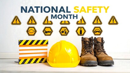 National Safety Month Awareness Hard Hat Boots Safety Signs Workplace Protection