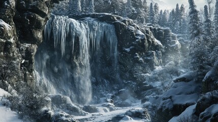 Frozen waterfall cascading down snowy mountainside.