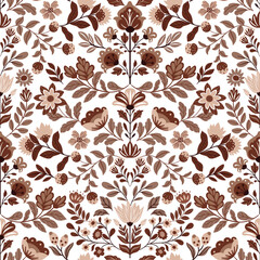 Seamless folk art pattern with traditional Scandinavian floral motifs. Colorful vector design with flowers on a white background. Ideal for fabric, wallpaper, wrapping paper, and home decor.