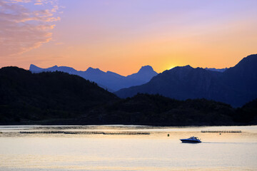Midnight sun at Vestfjorden, Lofoten islands, Norway