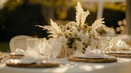 Elegant outdoor table setting for a spring gathering with floral arrangements and glassware at sunset