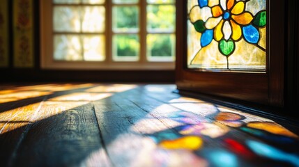 Colorful sunlight filters through stained glass, illuminating wooden floor in a cozy interior during late afternoon