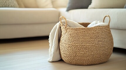 Woven basket filled with cozy blankets sits beside a modern sofa in a bright living room
