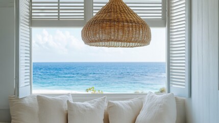 Cozy ocean view from a bright room with white cushions and a woven pendant light in a tropical setting