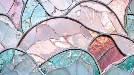 Colorful stained glass design featuring soft curves and light reflections in shades of pink, blue, and green at a creative art studio