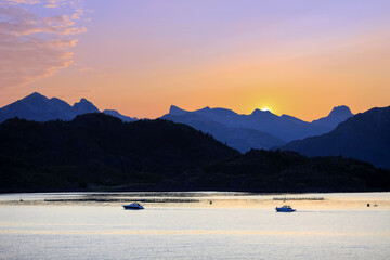 Midnight sun at Vestfjorden, Lofoten islands, Norway