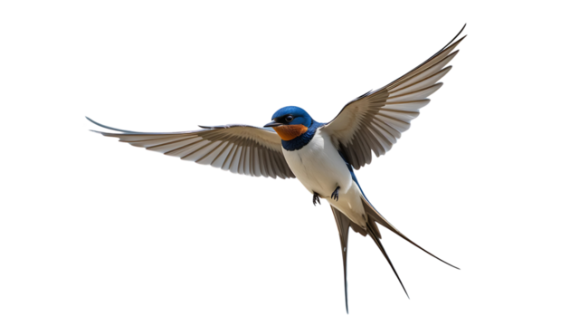 Barn Swallow soaring with long tail streamers and open wings.
Delicate form, detailed feathers, transparent background.