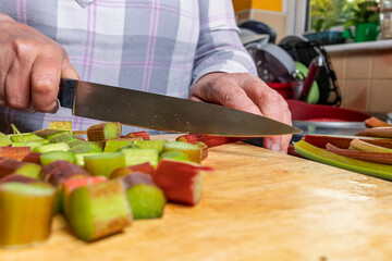 Chopping Rhubarb on a Wooden Block