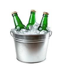 Three Green Beer Bottles in Ice Bucket isolated on transparent Background
