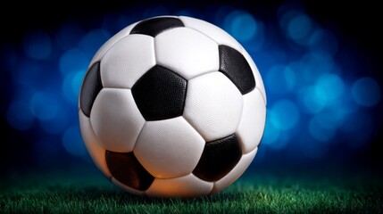 Naklejka premium Classic black and white soccer ball on a grassy field with a blurred blue background