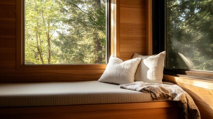 Cozy nook with cushions and throw blanket, surrounded by lush trees in a serene cabin setting