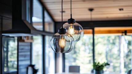 Unique glass pendant lights illuminate a modern kitchen with natural light during the day