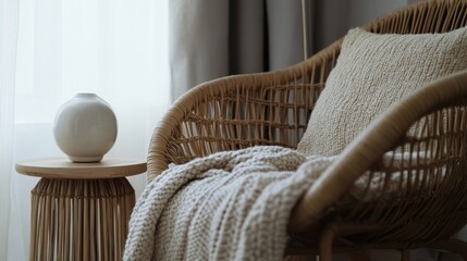 Cozy corner with a woven chair and soft decor elements in a softly lit room
