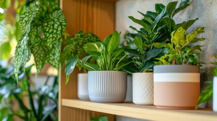 Indoor plants arranged on wooden shelves in a cozy space showcasing various green foliage and decorative pots