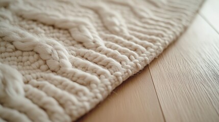 Soft, textured white knit rug placed on warm wooden flooring in a cozy room setting during daylight hours