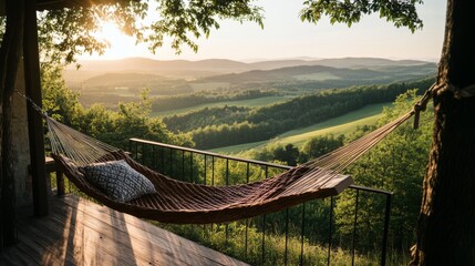 Relaxing in a hammock overlooking rolling hills during sunset in a tranquil rural setting