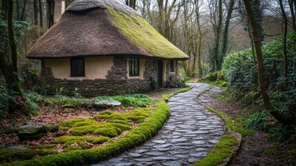 Charming thatched cottage surrounded by lush greenery on a misty morning in the forest