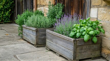 Herb garden with wooden planters near stone wall showcasing lavender, basil, and other greenery