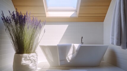 Modern bathroom featuring a freestanding tub and lavender plant bathed in natural light from a skylight