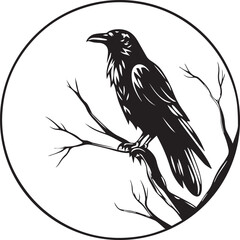 Obraz premium A striking black and white vector silhouette of a bird perched on a bare tree branch. Ideal for logo design, minimalist wall art, or t-shirt print with a mystical and spiritual vibe.