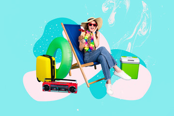 3D collage design composite trend artwork sketch of young amazed lady sit armchair boombox music bag beach trip voyage tourist weekend