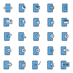 Filled blue outline icons set for Smartphone services