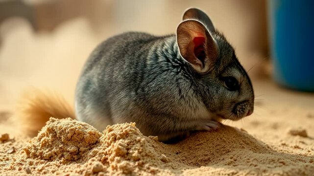 Adorable chinchilla sitting on sand enjoying sunshine in a relaxed posture
