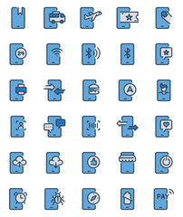 Filled blue outline icons set for Smartphone services