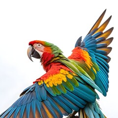 Fototapeta premium Scarlet macaw isolated on white background with vibrant plumage and open wings