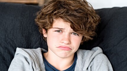 Obraz premium Young boy with curly hair making a sad face sitting on a dark sofa