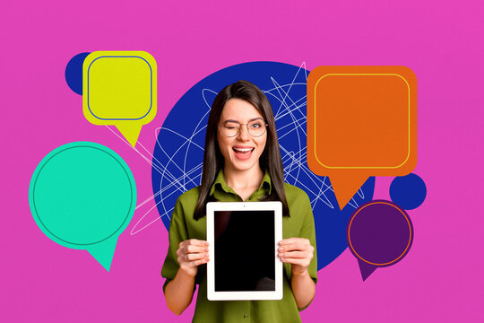 Naklejki Creative composite sketch design artwork collage of vibrant color young lady hold tablet wink smile speech bubble message comment tag chat