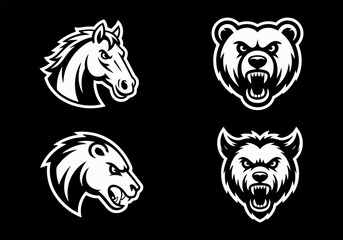 Four Animal Mascot Logos in Black and White
