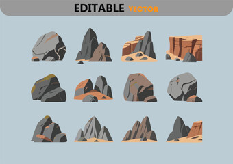 A set of vector illustrations featuring various rock formations including boulders cliffs and mountains rendered in a flat stylized design with a muted color palette perfect for game design