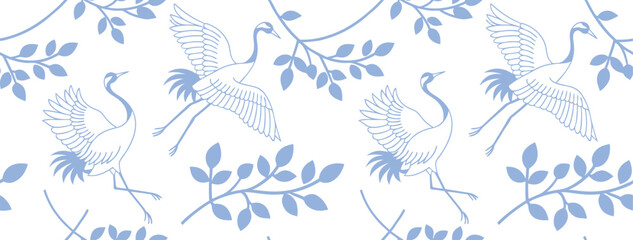 Elegant crane bird seamless pattern with branches and leaves in soft blue line art style. Perfect for textile, wallpaper, and decorative design projects. Nature-inspired vector background.
