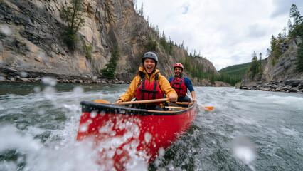 Two friends wearing helmets and life vests paddle a red canoe through roaring whitewater rapids in a rugged mountain river. Water splashes dramatically as they shout with excitement.