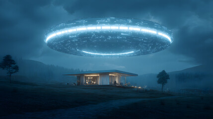 Mysterious alien spacecraft with bright blue illumination appearing above an isolated contemporary home on a foggy night.