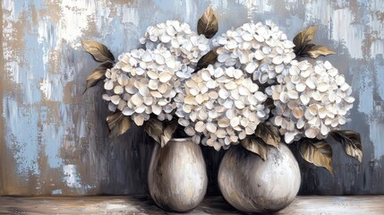 White Hydrangeas in Elegant Vases on Blue Abstract Background